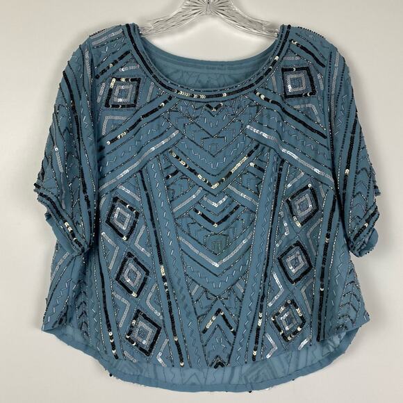 Parker Beaded Chiffon Blouse Frost Blue Cocktail Party Women’s Size Small - Picture 3 of 13